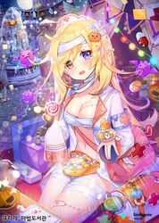  :d \||/ apple_caramel bag bandaged_head bandaged_leg bandages bandaid bat_(animal) blonde_hair blue_eyes breasts building candy cleavage commentary company_name confetti copyright_name copyright_notice cross female food food-themed_hair_ornament fountain full_moon hair_ornament hat heart heterochromia jack-o&#039;-lantern logo lollipop long_hair long_sleeves looking_at_viewer market_stall medium_breasts moon motion_blur navel night nurse_cap official_art open_clothes open_mouth open_shirt orange_eyes outdoors pavement pennant pill pumpkin_hair_ornament qurare_magic_library sarashi shirt sidelocks sleeves_past_fingers sleeves_past_wrists smile solo_focus stitches stuffed_animal stuffed_toy swirl_lollipop tears tent very_long_hair water watermark white_shirt wing_collar 