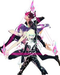  3boys arm_up ascot biker_clothes black_gloves black_jacket black_pants blue_hair commentary_request fire gloves green_hair gueira hair_over_one_eye half_gloves jacket lio_fotia long_hair mad_burnish male_focus manbou_no_ane meis_(promare) multiple_boys pants promare purple_eyes red_hair shirt sleeveless tattoo 