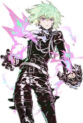  1boy ascot belt biker_clothes bishounen black_gloves black_jacket earrings fire gloves green_hair half_gloves jacket jewelry koto_(gamelife506) lio_fotia male_focus multiple_belts promare protected_link purple_eyes purple_fire pyrokinesis solo white_background 