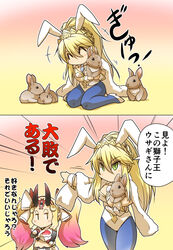  2girls ^_^ animal animal_ears animal_hug artoria_pendragon_(fate) artoria_pendragon_(swimsuit_ruler)_(fate) blonde_hair bow breasts chibi cleavage cleavage_cutout closed_eyes clothing_cutout commentary_request crop_top eating elbow_gloves emphasis_lines fate/grand_order fate_(series) food gloves green_eyes hair_between_eyes hairbow highres hisahiko holding holding_animal horns ibaraki_douji_(fate) ibaraki_douji_(swimsuit_lancer)_(fate) ibaraki_douji_(swimsuit_lancer)_(third_ascension)_(fate) kneeling multicolored_hair multiple_girls necktie oni_horns outstretched_arm pantyhose pink_hair playboy_bunny ponytail rabbit rabbit_ears shaved_ice sleeveless smile standing translated twintails 