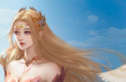  absurdres bare_shoulders bibi_dong_zhuye blonde_hair blue_eyes blue_sky cloud douluo_dalu expressionless female hair_ornament highres long_hair looking_to_the_side ocean qian_renxue_(douluo_dalu) sky solo upper_body wings 