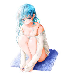  blue_carpet blue_eyes blue_hair bottomless bra breasts brown_bra carpet cleavage commentary_request female frown full_body ke-pachi_(115coconuts) knees_up legs_together long_hair long_sleeves no_panties original shirt simple_background sitting solo toenails toes underwear white_background white_shirt 