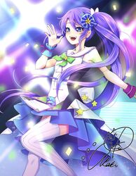  asymmetrical_legwear bare_shoulders blue_eyes bow commentary_request confetti cowboy_shot dress female hair_between_eyes hair_ornament hairbow highres idol kitou_akari kitou_akari_(kitoakari_1016) leg_up long_hair mismatched_legwear open_mouth purple_hair re:stage! side_ponytail signature smile solo sparkle stage stage_lights star_(symbol) star_hair_ornament teeth thighhighs tsukisaka_sayu very_long_hair voice_actor_connection waving wrist_cuffs 