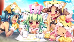  4girls animal_ear_fluff animal_ears animal_hands bikini bikini_top_only black_bikini blue_hair brown_eyes brown_hair cat_ears closed_eyes collar crayon drawing earrings fake_animal_ears game_cg gloves green_hair hair_bobbles hair_ornament hat jewelry koihime_musou kuwada_yuuki long_hair low_twintails mike_(koihime_musou) moukaku multiple_girls navel necklace o-ring oerba_yun_fang open_mouth paper paw_gloves pink_hair red_eyes shamu short_hair short_twintails sleeping smile swimsuit table tiger_ears tiger_hat topknot tora_(koihime_musou) twintails upper_body 