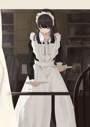  apron bad_id bad_pixiv_id black_dress blush brown_hair chair check_commentary closed_eyes closed_mouth collared_dress commentary_request cup curtains dress facing_viewer female highres holding holding_plate indoors juliet_sleeves long_hair long_sleeves maid maid_apron maid_headdress original plate puffy_sleeves shii_(kairi-t-k0317) smile solo standing table white_apron 