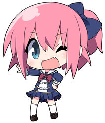  ;d big_head black_bow black_footwear blue_bow blue_dress blue_eyes blush bow brown_bow chibi commentary_request dress female frilled_dress frills full_body hair_between_eyes hairbow hand_on_own_hip kneehighs long_sleeves looking_at_viewer one_eye_closed open_mouth original osaragi_mitama outstretched_arm pink_hair sailor_collar sailor_dress shoes side_ponytail simple_background smile socks solo standing star_(symbol) white_background white_sailor_collar white_socks 