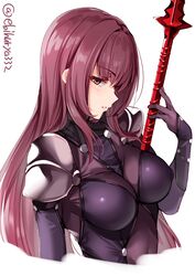  absurdres armor bodysuit breasts ebifurya enty_reward fate/grand_order fate_(series) female gae_bolg_(fate) hair_intakes highres holding holding_weapon large_breasts leotard long_hair paid_reward pauldrons polearm purple_bodysuit purple_hair purple_leotard red_eyes scathach_(fate) shoulder_armor simple_background solo spear upper_body weapon white_background 