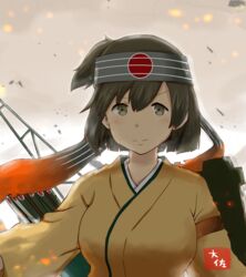  arrow_(projectile) artist_name ashes blush breasts brown_eyes brown_hair commentary embers female flight_deck hachimaki hair_between_eyes headband hiryuu_(kancolle) hiryuu_kai_ni_(kancolle) japanese_clothes kantai_collection kimono large_breasts looking_at_viewer one_side_up outdoors quiver radio_antenna shibafu_(glock23)_(style) short_hair smile solo taisa_(kari) upper_body yellow_kimono 