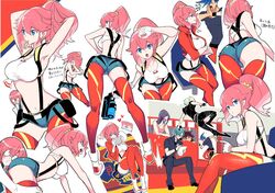  2girls :t aina_ardebit asymmetrical_legwear blue_eyes blush commentary_request crop_top cropped_jacket crossed_arms expressions face_in_ass from_below galo_thymos glasses gloves gueira heris_ardebit jacket lio_fotia looking_back manbou_no_ane meis_(promare) midriff multiple_girls multiple_views open_mouth pantyhose pink_hair promare puff_of_air red_jacket red_pantyhose red_thighhighs remi_puguna short_shorts shorts side_ponytail single_leg_pantyhose smile suspenders thighhighs translation_request uneven_legwear white_gloves 