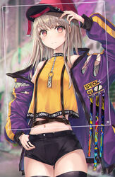  arm_up ass_visible_through_thighs bare_shoulders baseball_cap black_shorts black_thighhighs blurry blurry_background blush breasts brown_hair commentary cowboy_shot depth_of_field english_text female h2o_(dfo) halterneck hand_on_headwear hand_on_own_hip hat highres jacket jewelry long_hair long_sleeves looking_at_viewer md5_mismatch midriff navel off_shoulder open_clothes open_jacket original puffy_long_sleeves puffy_sleeves purple_jacket red_eyes red_hat resolution_mismatch ring shirt shirt_overhang short_shorts shorts sleeveless sleeveless_shirt small_breasts solo source_larger standing symbol-only_commentary thighhighs viewfinder yellow_shirt 