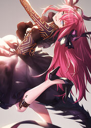  :d arm_up black_footwear black_ribbon black_skirt blue_eyes bodysuit commentary_request corruption dragon_horns dragon_tail elizabeth_bathory_(corroded)_(fate) elizabeth_bathory_(fate) fate/extella fate/extra fate_(series) female foot_out_of_frame gradient_background grey_background hair_between_eyes hair_ribbon high_heels horns ibuki_notsu long_hair looking_at_viewer official_alternate_costume open_mouth photoshop_(medium) red_hair ribbon skirt smile solo tail tsurime very_long_hair 