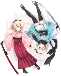  2018 2girls absurdres ahoge arm_guards artist_name black_bow black_scarf blonde_hair boots bow brown_footwear closed_mouth commentary_request cross-laced_footwear dated dual_persona fate/grand_order fate_(series) flower frown hairbow hakama hakama_short_skirt hakama_skirt haori high_heel_boots high_heels highres holding holding_sword holding_weapon japanese_clothes katana kimono koha-ace lace-up_boots misora_deco multiple_girls obi okita_souji_(fate) okita_souji_(koha-ace) petals pink_hakama sash scarf sheath sheathed shinsengumi short_hair short_kimono skirt smile sword thighhighs torn_clothes torn_scarf weapon white_kimono yellow_eyes zettai_ryouiki 