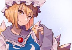  :3 blonde_hair commentary_request dress female fox_tail frills hat head_tilt long_sleeves looking_at_viewer multiple_tails solo tabard tail toluda touhou upper_body v white_dress wide_sleeves yakumo_ran yellow_eyes 