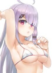  :o ahoge arm_up armpits bad_id bad_pixiv_id bare_arms bare_shoulders bikini breasts cleavage collarbone female hair_ornament halterneck highres indie_virtual_youtuber large_breasts light_purple_hair long_hair looking_at_viewer marulire open_mouth red_eyes simple_background solo strap_pull swimsuit upper_body virtual_youtuber white_background white_bikini yumeno_shiori 