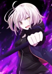  2018 ahoge artist_name black_dress blue_jacket breasts commentary_request dated dress fate/grand_order fate_(series) female fur-trimmed_sleeves fur_collar fur_trim highres jacket jeanne_d&#039;arc_alter_(fate) jeanne_d&#039;arc_alter_(ver._shinjuku_1999)_(fate) medium_breasts misora_deco official_alternate_costume open_clothes open_jacket open_mouth short_hair solo teeth white_hair yellow_eyes 