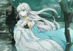  2018 anastasia_(fate) artist_name bare_tree blue_cloak blue_eyes cloak closed_mouth commentary_request dated doll dress fate/grand_order fate_(series) female floating_hair grey_hair hair_between_eyes highres holding holding_doll long_hair long_sleeves looking_at_viewer misora_deco outdoors snow snowing solo straight_hair tree very_long_hair viy_(fate) white_dress wide_sleeves 