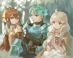  1boy 2girls alm_(fire_emblem) armor blonde_hair bow braid brown_eyes brown_hair circlet closed_mouth delthea_(fire_emblem) faye_(fire_emblem) fire_emblem fire_emblem_echoes:_shadows_of_valentia fire_emblem_heroes green_eyes green_hair hairbow hukashin long_hair low-braided_long_hair low-tied_long_hair multiple_girls ponytail red_bow short_hair sitting smile twin_braids wreath 