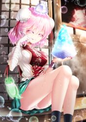  animal animal_on_head ass bandaged_arm bandages bird bird_on_head black_socks blurry blurry_background blush bowl breasts bubble bun_cover chains closed_mouth commentary_request cuffs door double_bun eagle eagle_spirit_(touhou) eating eyelashes feet_out_of_frame female food green_skirt hair_between_eyes hair_bun handcuffs highres holding holding_bowl holding_spoon hot ibaraki_kasen knees large_breasts lips long_eyebrows nomayo on_head otter otter_spirit_(touhou) panties pantyshot pink_hair puffy_short_sleeves puffy_sleeves red_nails red_ribbon ribbon shaved_ice shirt short_hair short_sleeves sitting skirt socks solo sparkle spirit spoon sweat syrup tabard thighs touhou underwear utensil_in_mouth veranda white_panties white_shirt wily_beast_and_weakest_creature wolf wolf_spirit_(touhou) 