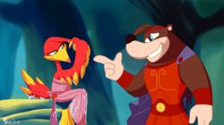  2019 armor avian banjo-kazooie banjo_(banjo-kazooie) bear blue_eyes brown_body brown_fur cape clothing crossover disney disney&#039;s_hercules dress duo feathers female fur gesture green_eyes hand_gesture hercules hercules_(disney) kazooie male mammal megara pointing rareware red_body red_feathers skelly_doll smile wet 