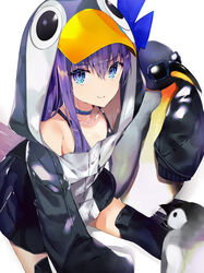  animal animal_hood animal_hug bangs banned_artist bird black_jacket black_legwear blue-framed_eyewear blue_choker blue_eyes blush breasts choker closed_mouth collarbone eyebrows_visible_through_hair fate_(series) female hair_between_eyes highres hood hood_up hooded_jacket jacket long_hair long_sleeves looking_at_viewer meltryllis penguin penguin_hood purple_hair sitting sleeves_past_fingers sleeves_past_wrists small_breasts smile solo sunglasses tetsubuta thighhighs thighs very_long_hair white_background 