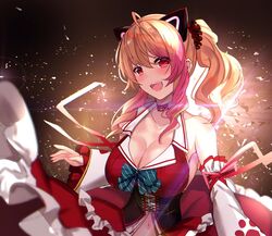  .live animal_ears black_background blonde_hair blush breasts cleavage collarbone commentary corset detached_sleeves fake_animal_ears female hair_between_eyes hair_ornament hair_scrunchie large_breasts long_hair long_sleeves looking_at_viewer multicolored_hair navel nekonoki_mochi open_clothes open_mouth paw_print paw_print_pattern pink_hair red_eyes red_skirt scrunchie side_ponytail skirt smile solo streaked_hair untue upper_body virtual_youtuber wide_sleeves 