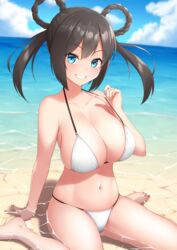  aqua_eyes bad_id bad_pixiv_id beach bikini black_hair blue_sky braid braided_hair_rings breasts cleavage cloud collarbone commentary_request day female grin hair_rings horizon large_breasts looking_at_viewer midoriyama_soma navel ocean oshiro_project:re outdoors partially_submerged sitting sky smile solo swimsuit takiyama_(oshiro_project) twin_braids twintails wariza water white_bikini 