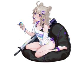  aa-12 aa-12_(girls&#039;_frontline) aa-12_(smokeless_lollipop)_(girls&#039;_frontline) aged_down ahoge bags_under_eyes bandaid barefoot bean_bag_chair black_bra black_nails blue_eyes bra breasts bright_pupils candy choker cleavage cone_hair_bun double_bun earrings feet female flat_chest food full_body girls&#039;_frontline grey_hair grin gun hair_between_eyes hair_bun hair_ornament hairclip jewelry lollipop long_hair looking_at_viewer nail_polish off-shoulder_shirt off_shoulder official_alternate_costume official_art shirt shotgun silverwing sitting smile solo star_(symbol) toenail_polish toenails toes transparent_background underwear weapon white_pupils wristband yokozuwari 