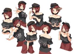  ahe_gao black_shirt blush breasts brown_headwear closed_mouth clothes_writing collarbone commentary_request cookie_(touhou) curled_fingers disembodied_hand double_v english_text expressions eyes_visible_through_hair female gloom_(expression) grin hair_between_eyes hair_lift hair_over_one_eye hand_in_another&#039;s_hair hat hecatia_lapislazuli ktgijgkgdusimn_(cookie) large_breasts looking_at_viewer looking_to_the_side looking_up multiple_views off-shoulder_shirt off_shoulder open_mouth own_hands_together pose red_eyes red_skirt shirt short_hair simple_background skirt smile sy4 touhou upper_body v white_background 