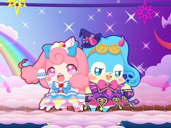  2016 4:3 ambiguous_gender anthro blue_eyes blue_hair blush bottomwear clothed clothing cloud cocotama cosplay duo hair heart_symbol himitsu_no_cocotama horn lagomorph mammal melory ornament oshaki pink_eyes pink_hair qingduo rainbow ribbons skirt star superflat 