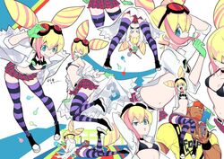  bikini bikini_top_only blonde_hair blue_eyes breasts commentary_request cone_hair_bun double_bun female gloves goggles grin hair_bun lab_coat lucia_fex manbou_no_ane miniskirt mouse_(animal) multicolored_hair open_mouth promare screwdriver skirt small_breasts smile striped_clothes striped_thighhighs swimsuit thighhighs two-tone_hair varys_truss vinny_(promare) wrench zettai_ryouiki 