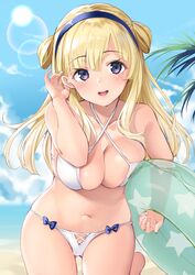  :d absurdres adjusting_hair beach bikini blonde_hair blue_hairband blue_ribbon blush breast_press breasts cleavage cloud collarbone cowboy_shot double_bun ebifurya enty_reward female fletcher_(kancolle) hair_bun hairband highres innertube kantai_collection large_breasts light_blush long_hair looking_at_viewer navel open_mouth outdoors paid_reward purple_eyes ribbon sky smile solo stomach string_bikini sun sunlight swim_ring swimsuit thighs white_bikini 