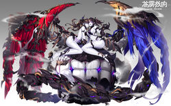  2girls anklet armlet blue_eyes blue_skin breasts brown_hair collar colored_skin commentary_request gauntlets haze/reverb high_heels highres jewelry large_breasts looking_at_viewer low_wings monster_girl multiple_girls navel platform_footwear pubic_tattoo purple_eyes sitting tattoo teeth thighlet wariza wings zhu_fun 