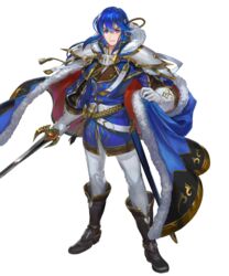  1boy belt blue_eyes blue_hair boots cape egawa_akira fire_emblem fire_emblem:_genealogy_of_the_holy_war fire_emblem_heroes full_body fur_trim gloves headband highres long_hair low_ponytail male_focus non-web_source official_art ponytail seliph_(fire_emblem) seliph_(scion_of_light)_(fire_emblem) solo sword transparent_background tyrfing_(fire_emblem) weapon 