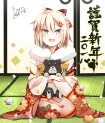  2018 :d ahoge animal artist_name bow canine commentary_request dated eyes_visible_through_hair fate/grand_order fate_(series) female floral_print food fruit fur_collar green_eyes hair_between_eyes hair_ornament hairbow hairclip highres japanese_clothes kimono koha-ace long_hair looking_at_viewer mandarin_orange misora_deco new_year obi okita_souji_(fate) okita_souji_(koha-ace) open_mouth petals pink_kimono red_bow saint_quartz_(fate) sash short_hair sitting smile tatami wariza wide_sleeves 