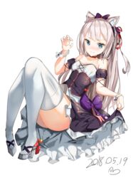  absurdres animal_ear_fluff animal_ears ass azur_lane bare_shoulders black_bow blue_eyes blush bow breasts cat_ears collarbone commentary dated dress female flat_chest hair_ribbon hairbow hammann_(azur_lane) hammann_(retrofit)_(azur_lane) highres kuse_(0201) long_hair looking_at_viewer oerba_yun_fang puffy_short_sleeves puffy_sleeves purple_bow ribbon shoes short_sleeves simple_background skin_fang solo thighhighs very_long_hair white_background white_hair white_thighhighs 