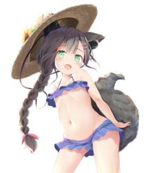  animal_ear_fluff animal_ears arms_behind_back bikini bikini_skirt black_hair blue_bikini braid chigusa_hana commentary_request dog_ears dog_tail earphones female flat_chest green_eyes groin hat indie_virtual_youtuber long_hair lowleg lowleg_bikini navel open_mouth pirason single_braid smile solo sun_hat swimsuit tail transparent_background virtual_youtuber 