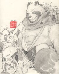  2021 absurd_res anthro canid canine closed_eyes clothed clothing felixleong group gyobu&#039;s_underlings gyobu_(tas) hi_res humanoid_hands leaf lifewonders male mammal overweight overweight_male raccoon_dog scar scarf sitting tanuki tokyo_afterschool_summoners traditional_media_(artwork) 