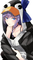  animal_costume blush breasts cleavage collarbone commentary_request fate/grand_order fate_(series) female hair_between_eyes highres jacket ka1se1 long_hair looking_at_viewer meltryllis_(fate) meltryllis_(swimsuit_lancer)_(fate) meltryllis_(swimsuit_lancer)_(first_ascension)_(fate) penguin_costume ribbon simple_background small_breasts solo tongue tongue_out white_background 