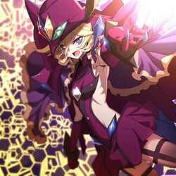  black_thighhighs blonde_hair blurry capelet carol_malus_dienheim claws commentary depth_of_field elbow_gloves female gloves hair_between_eyes hat highres hinomoto_madoka looking_at_viewer open_mouth outstretched_arm purple_hair ribs senki_zesshou_symphogear shiny_skin short_hair sideless_outfit skirt solo spoilers teeth thighhighs witch_hat 