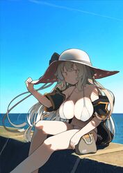  :o bag bikini blush bodypaint bow breasts brown_hair collarbone commentary_request day female fuu_fuu girls&#039;_frontline handbag hanging_breasts hat hat_bow highres jacket large_breasts long_hair m37_(girls&#039;_frontline) m37_(summer_parader)_(girls&#039;_frontline) navel official_alternate_costume orange_eyes outdoors shade side-tie_bikini_bottom sitting sky solo sun_hat swimsuit water white_bikini 