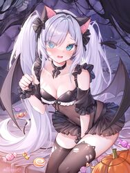  alllisso animal_ears aqua_eyes azur_lane bat_wings between_legs black_collar black_leotard black_skirt black_thighhighs blue_eyes blue_hair blush breasts candy cat_ears cleavage collar covered_navel demon_tail english_commentary fake_animal_ears female food halloween_costume hand_between_legs hand_up highres janus_(azur_lane) janus_(fright-night_scaredy-cat)_(azur_lane) leotard light_blue_hair lollipop long_hair looking_at_viewer official_alternate_costume on_bed open_mouth pillow pleated_skirt pumpkin see-through see-through_leotard signature sitting skirt small_breasts solo swirl_lollipop tail thighhighs torn_clothes torn_thighhighs twintails wavy_mouth wings 