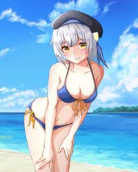  absurdres ahomushi994 bare_shoulders beach bikini blue_bikini breasts cleavage cloud cloudy_sky collarbone cowboy_shot female girls&#039;_frontline highres leaning_forward looking_at_viewer medium_breasts navel outdoors side-tie_bikini_bottom six12_(girls&#039;_frontline) sky smile solo swimsuit white_hair yellow_eyes 