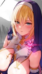  bare_shoulders blonde_hair blue_eyes blush breasts cleavage closed_mouth cross detached_sleeves female from_above gloves glowing glowing_cross habit highres holding holding_cross large_breasts long_hair looking_at_viewer nun ogre_(illustogre) original unfinished veil white_gloves 