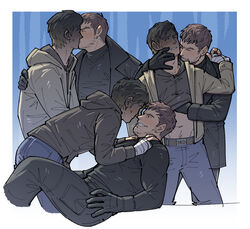  2boys bandaged_hand bandages bara belt black_coat black_gloves black_hair black_pants black_shirt blonde_hair blue_pants blush brown_belt brown_jacket chris_redfield closed_eyes clothes_lift coat ethan_winters facial_hair gloves groping hand_under_clothes highres jacket kalamari kissing large_pectorals looking_at_another male_focus multiple_boys muscular muscular_male navel one_eye_closed open_clothes open_coat open_jacket pants pectorals resident_evil shirt shirt_lift short_hair smile yaoi 