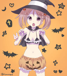  bat_(animal) bikini bikini_top_only black_bikini black_cape black_hat breasts cape cowboy_shot cross curled_fingers female fingernails hair_bobbles hair_ornament hat jack-o&#039;-lantern_print kantai_collection kujira_naoto long_fingernails nail_polish oerba_yun_fang orange_background orange_shorts pink_eyes pink_hair pink_nails pumpkin_shorts rabbit sazanami_(kancolle) short_hair shorts small_breasts solo star_(symbol) swimsuit twintails twitter_username witch_hat 