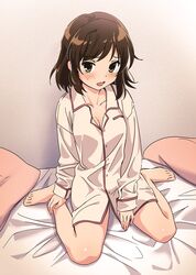  barefoot bed blush breasts brown_eyes brown_hair cleavage collarbone commentary_request female full_body highres ichimi_renge long_sleeves medium_hair nightshirt no_hairband on_bed open_mouth pajamas pillow second-party_source sitting solo suzumiya_haruhi suzumiya_haruhi_no_yuuutsu white_pajamas 