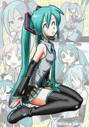  aqua_eyes aqua_hair aqua_nails aqua_necktie binary black_footwear black_skirt boots commentary_request detached_sleeves female food from_side full_body grey_shirt gstar8893 hachune_miku hajimete_no_oto_(vocaloid) hatsune_miku headset highres holding holding_food holding_spring_onion holding_vegetable long_hair looking_at_viewer looking_to_the_side miku_miku_ni_shite_ageru_(vocaloid) multiple_views nail_polish necktie open_mouth pleated_skirt reference_inset shirt sitting skirt sleeveless sleeveless_shirt solo_focus spring_onion thigh_boots thighs twintails twitter_username vegetable vocaloid wariza wide_sleeves 