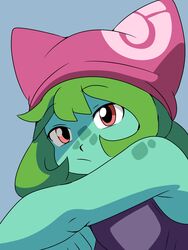  3:4 alternate_species anthro bandana bulbasaur eyebrow_through_hair eyebrows female generation_1_pokemon green_hair hair hi_res kerchief lying may_(pokemon) nintendo on_front pokemon pokemon_(species) solo spots strugetdraw translucent translucent_hair 