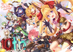  &gt;:( 6+girls :d :o ;) ;p ahoge aiming animal_print anniversary annotated apron arms_up aviator_sunglasses back_bow bead_necklace beads belt belt_pouch black_bow black_gloves blonde_hair blue_eyes blush bottle bow bowtie breasts bright_pupils brown_gloves champagne_flute choker claw_(weapon) cloud commentary confetti congratulations corset cross-laced_clothes cross-laced_corset crossbow cup diamond-shaped_pupils diamond_(shape) dot_nose dress drinking_glass elbow_gloves electricity electrokinesis eyewear_on_head finger_on_trigger floating_hair food gears gloves green_hair grin gun hair_intakes hands_up hat highres hohle_(sennen_sensou_aigis) holding holding_crossbow holding_plate holding_power_drill holding_weapon horn_ornament horn_ribbon horns jewelry jiangshi jumpsuit lace_trim lei-mei lina_(sennen_sensou_aigis) long_hair long_sleeves looking_at_another looking_at_viewer maid maid_apron maid_headdress meiha_(sennen_sensou_aigis) midriff multicolored_hair multiple_girls navel necklace oerba_yun_fang ofuda on_cloud one_eye_closed orb pickle_(sennen_sensou_aigis) pink_hair plate pointy_ears pointy_hat pouch power_drill purple_eyes qingdai_guanmao ramii_(sennen_sensou_aigis) red_bow red_eyes red_ribbon red_rope remii ribbon rifle rope scope sennen_sensou_aigis shorts sitting skin_fang smile sniper_rifle socie_(sennen_sensou_aigis) solar_panel spiked_hair spread_fingers streaked_hair sunglasses symbol-shaped_pupils tabitha_(sennen_sensou_aigis) taicho128 thigh_strap tiger_print tongue tongue_out twintails v-shaped_eyebrows waist_bow weapon white_hair white_jumpsuit white_pupils wine_bottle 