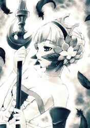  bare_shoulders breasts cleavage commentary_request crown detached_sleeves dress expressionless feathers female greyscale gwendolyn_(odin_sphere) holding holding_polearm holding_weapon looking_to_the_side monochrome odin_sphere okara parted_lips polearm short_hair small_breasts solo strapless strapless_dress weapon 